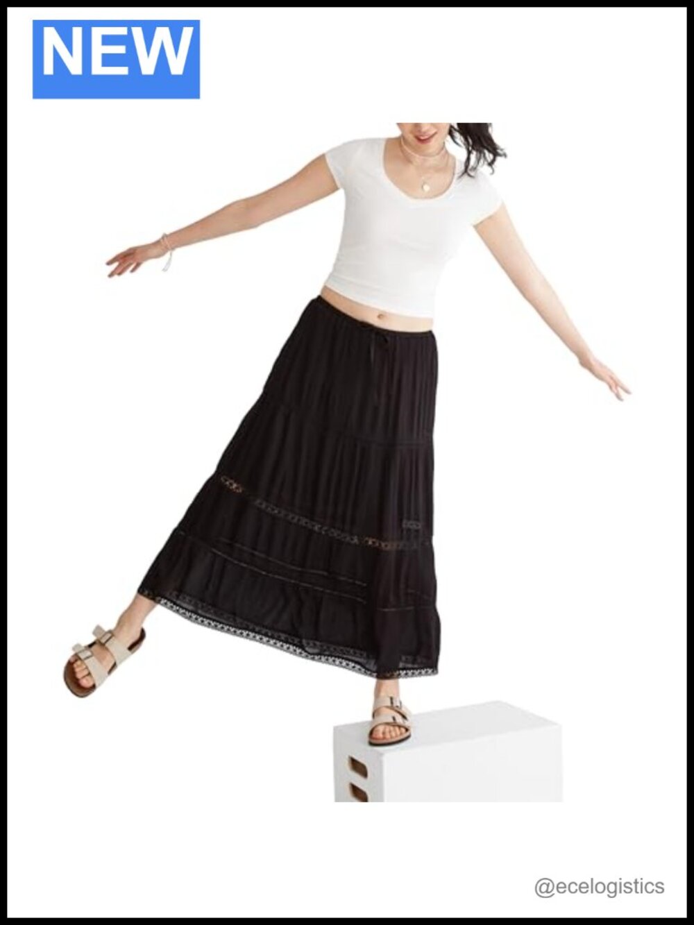 Lace Trim Tiered Maxi Skirt Pull-On Relaxed Fit Woven Career
